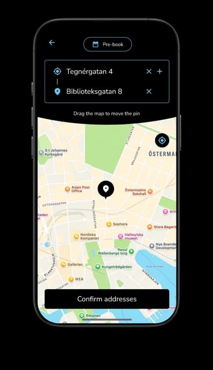 Smartphone screen showing a map with pins at "Tegnérgatan 4" and "Biblioteksgatan 8." Button below reads "Confirm addresses."