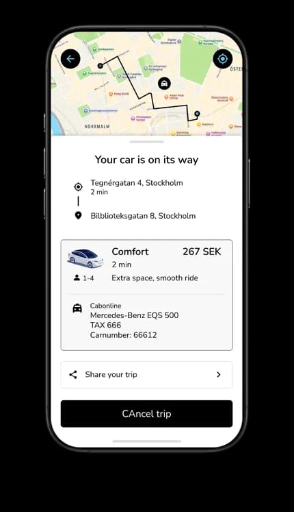 Smartphone screen showing a ride-sharing app with a map and trip details, including car type, fare, and pickup location in Stockholm.